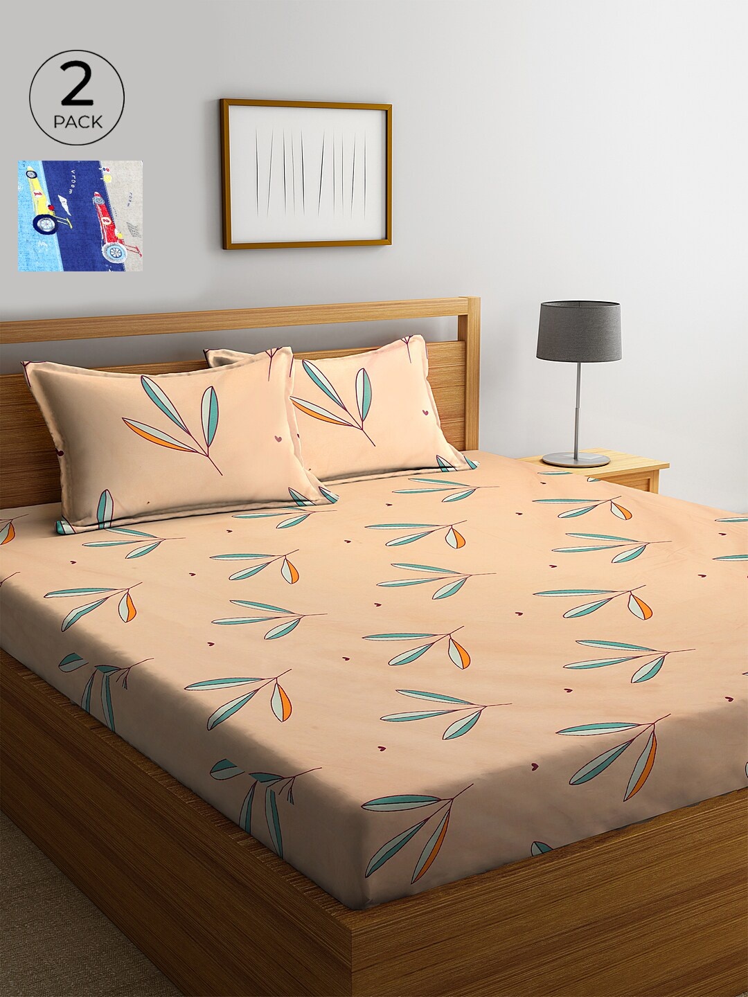 

KLOTTHE Blue & Peach-Coloured Floral 210 TC Cotton 2 King Bedsheet with 4 Pillow Covers