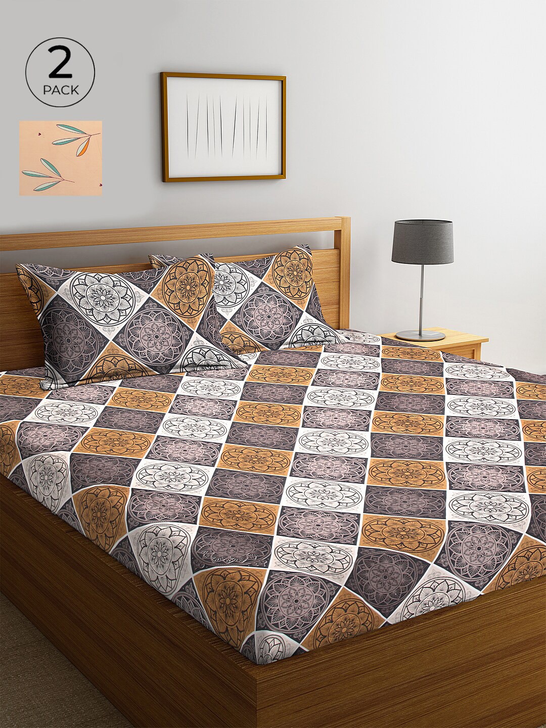 

KLOTTHE Black & Peach-Coloured Ethnic Motifs 210 TC Cotton 2 King Bedsheet with 4 Pillow Covers