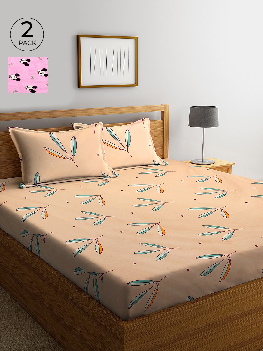 

KLOTTHE Pink & Orange Floral 210 TC Cotton 2 King Bedsheet with 4 Pillow Covers