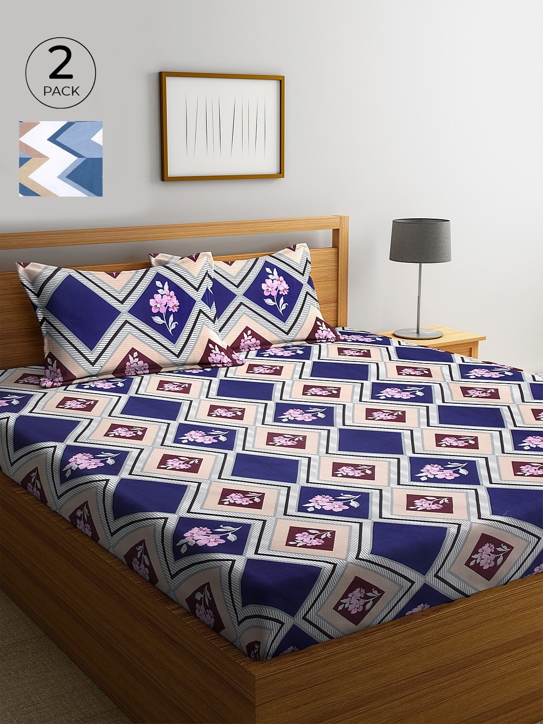 

KLOTTHE Pack of 2 White & Blue 210 TC Cotton King Bedsheets with 4 Pillow Covers