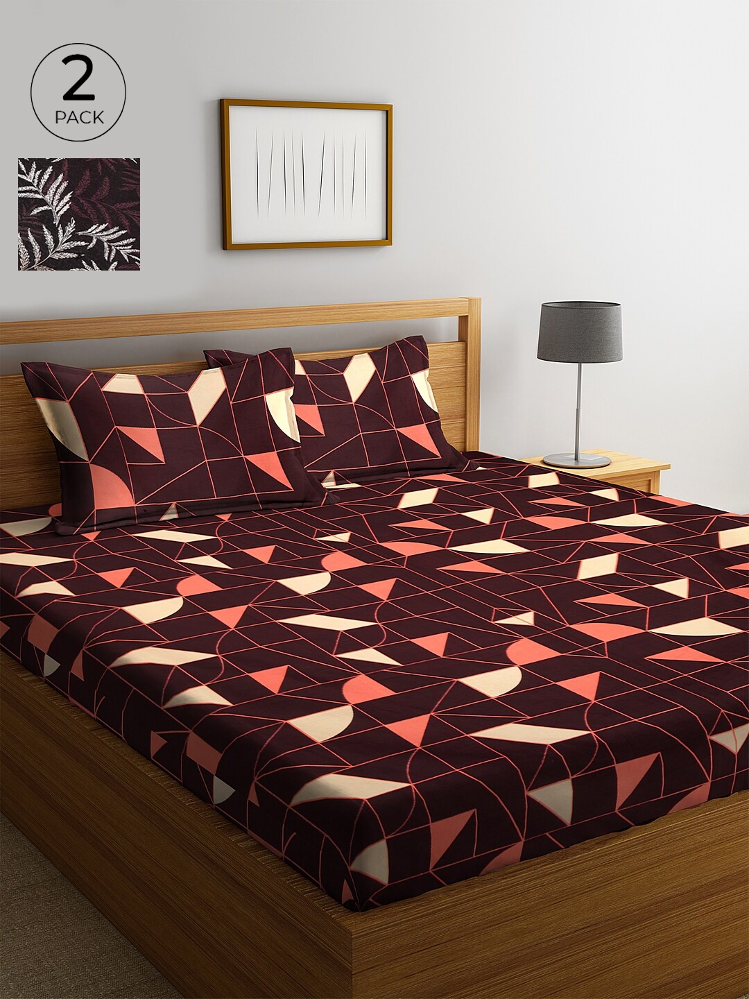

KLOTTHE Maroon & Peach-Coloured Geometric 210 TC Cotton 2 King Bedsheet with 4 Pillow Covers