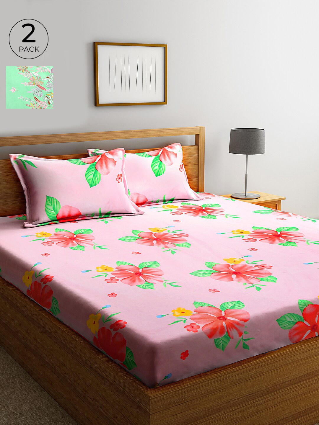 

KLOTTHE Pack of 2 Green & Pink Floral 210 TC Cotton 2 King Bedsheets with 4 Pillow Covers