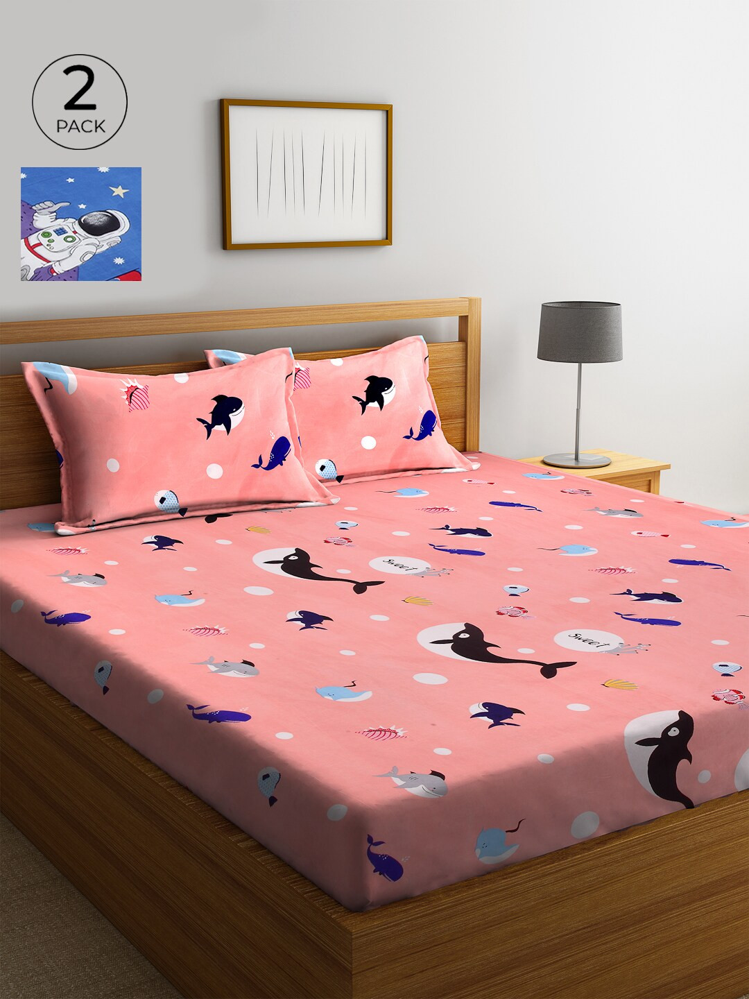 

KLOTTHE Blue & Peach-Coloured Conversational 210 TC Cotton 2 King Bedsheet with 4 Pillow Covers