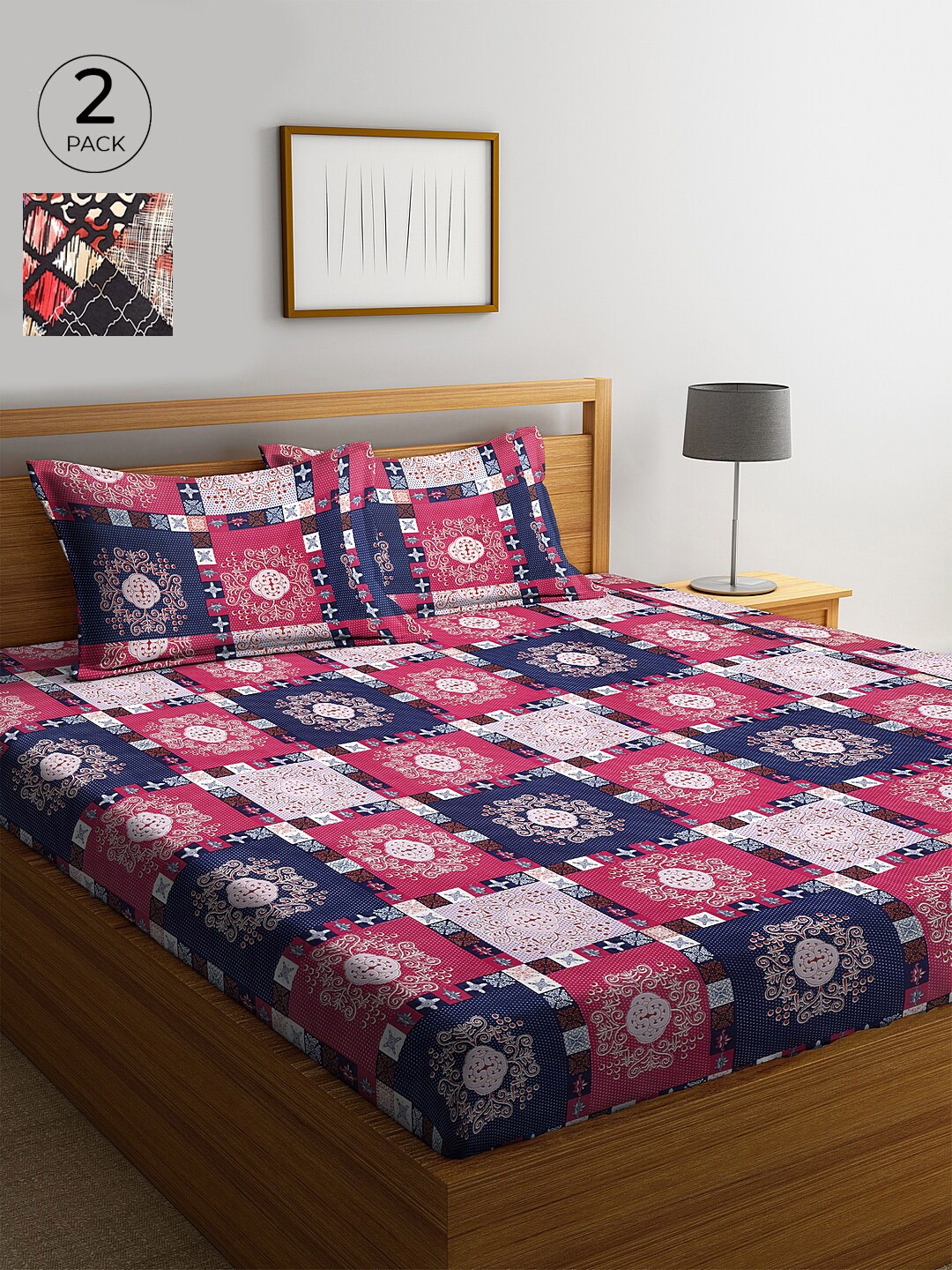 

KLOTTHE Blue & Pink Geometric 210 TC Cotton 2 King Bedsheet with 4 Pillow Covers