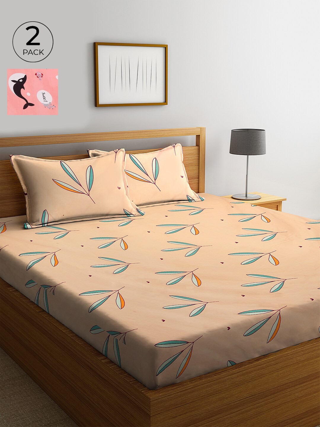 

KLOTTHE Peach & Pink Graphic 210 TC Cotton 2 King Bedsheets with 4 Pillow Covers
