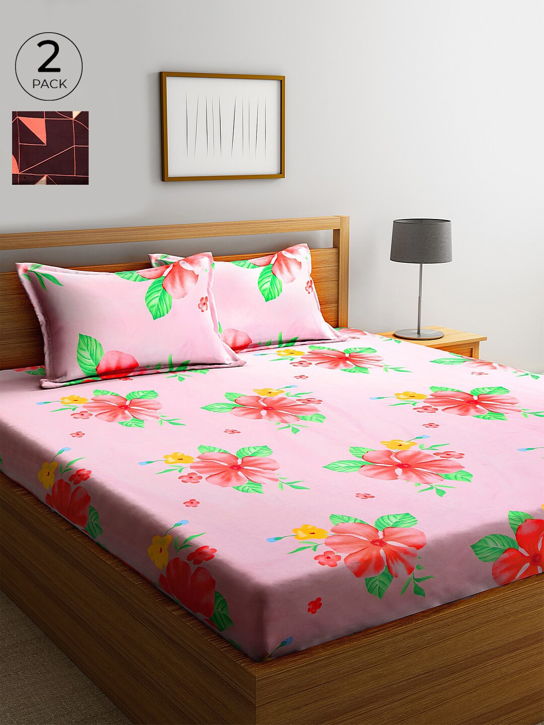 

KLOTTHE Pink & Green Floral 210 TC Cotton 2 King Bedsheet with 4 Pillow Covers