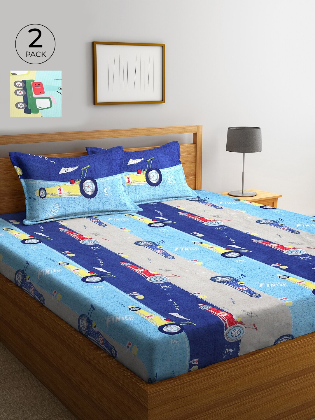 

KLOTTHE Set Of 2 Blue & Yellow Graphic 300 TC King Bedsheets with 4 Pillow Covers