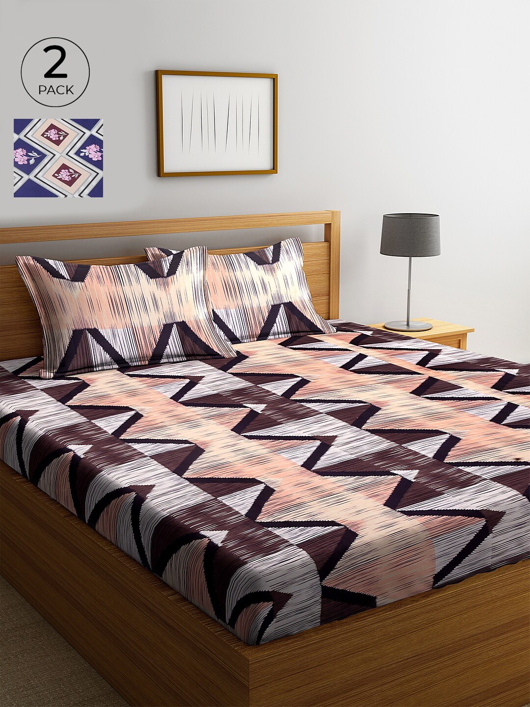 

KLOTTHE Blue & Brown Geometric 210 TC Cotton 2 King Bedsheet with 4 Pillow Covers