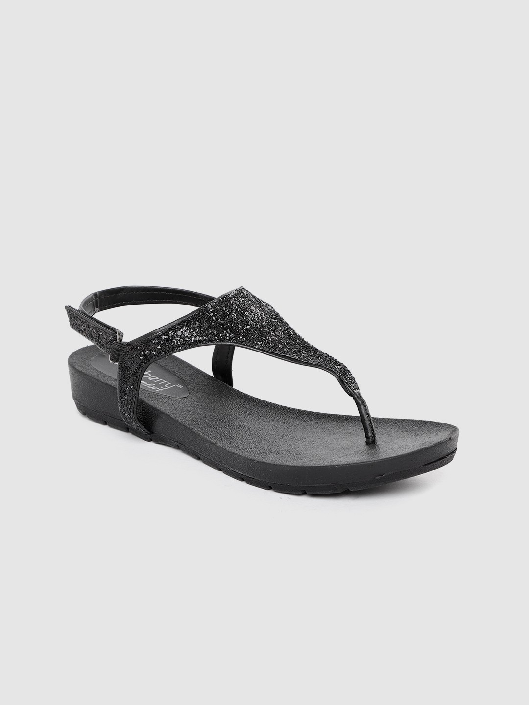 

DressBerry Women Black Glitter Comfort T-Strap Flats