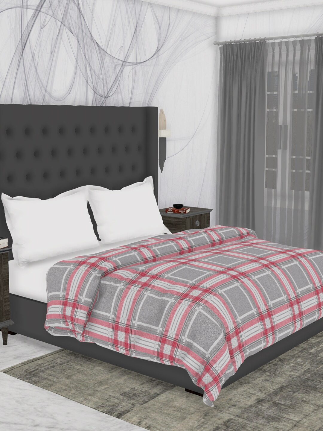 

BIANCA Grey & Red Checked AC Room 150 GSM Pure Cotton Double Bed Quilt