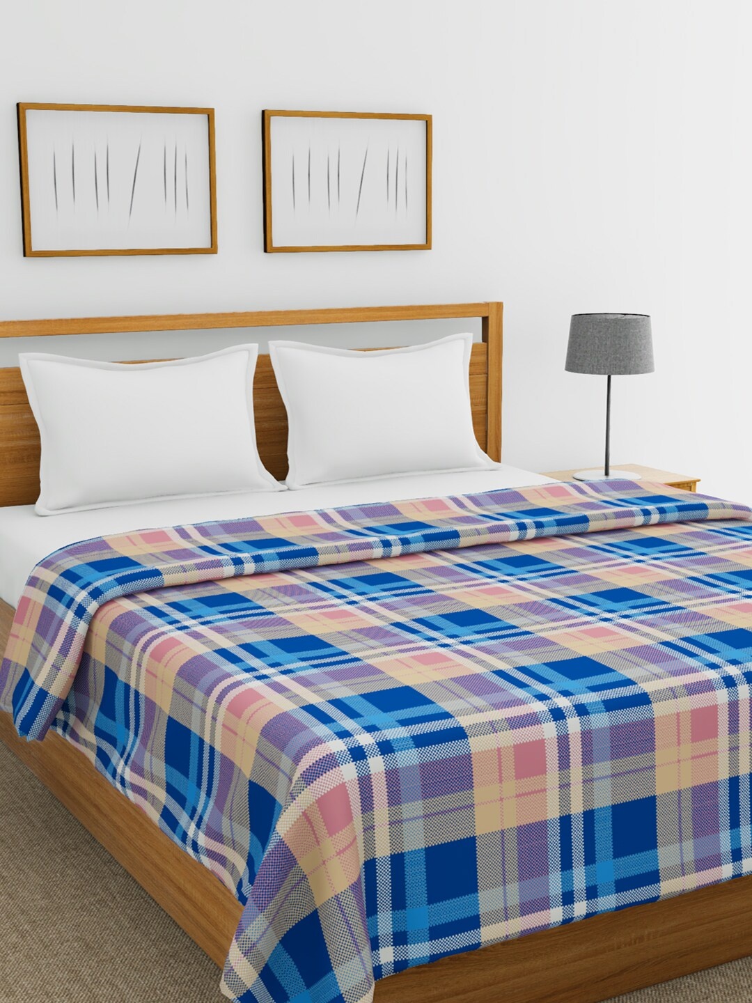 

BIANCA Navy Blue & Pink Checked AC Room 150 GSM Cotton Double Bed Quilt