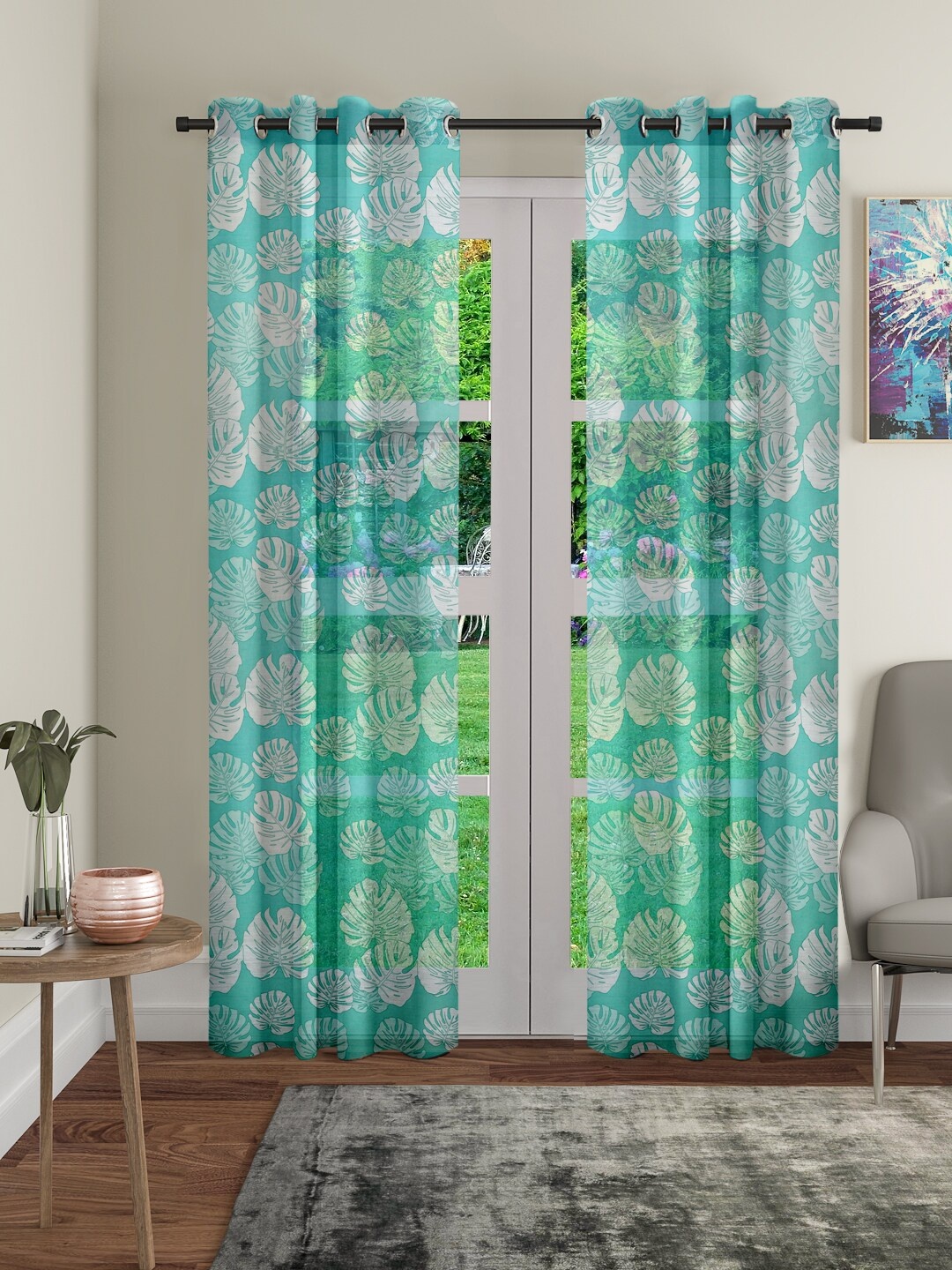 

Cortina Blue & White Set of 2 Printed Sheer Long Door Curtains