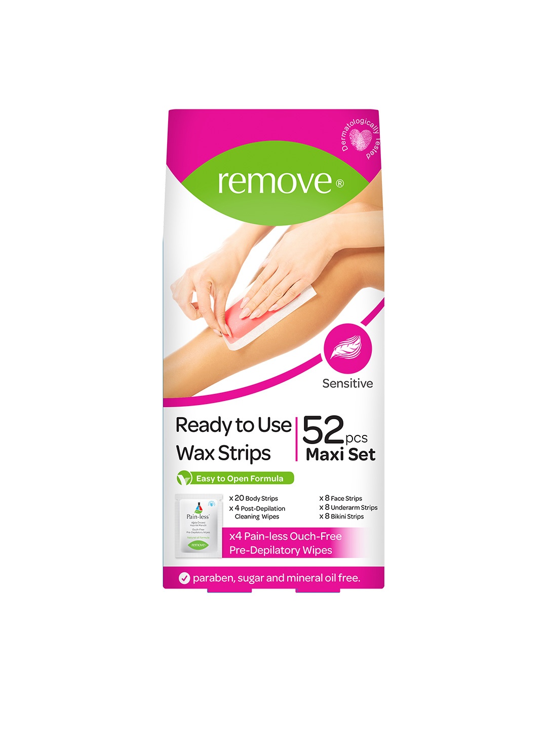 

Remove Wax Strips Maxi Set - Sensitive - 44 Strips & 8 Wipes, Pink