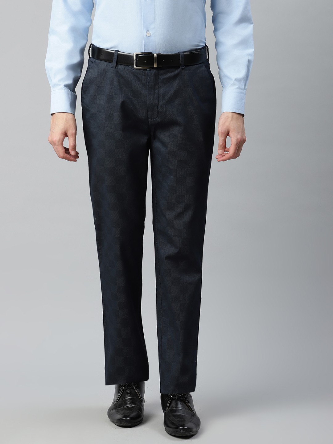 

Raymond Men Navy Blue Slim Fit Self-Checked Formal Trousers