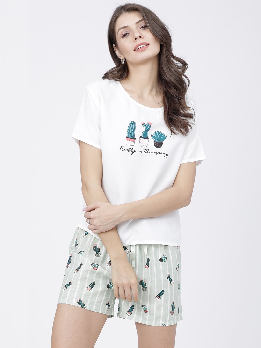 

Tokyo Talkies Women White & Green Printed Night suit