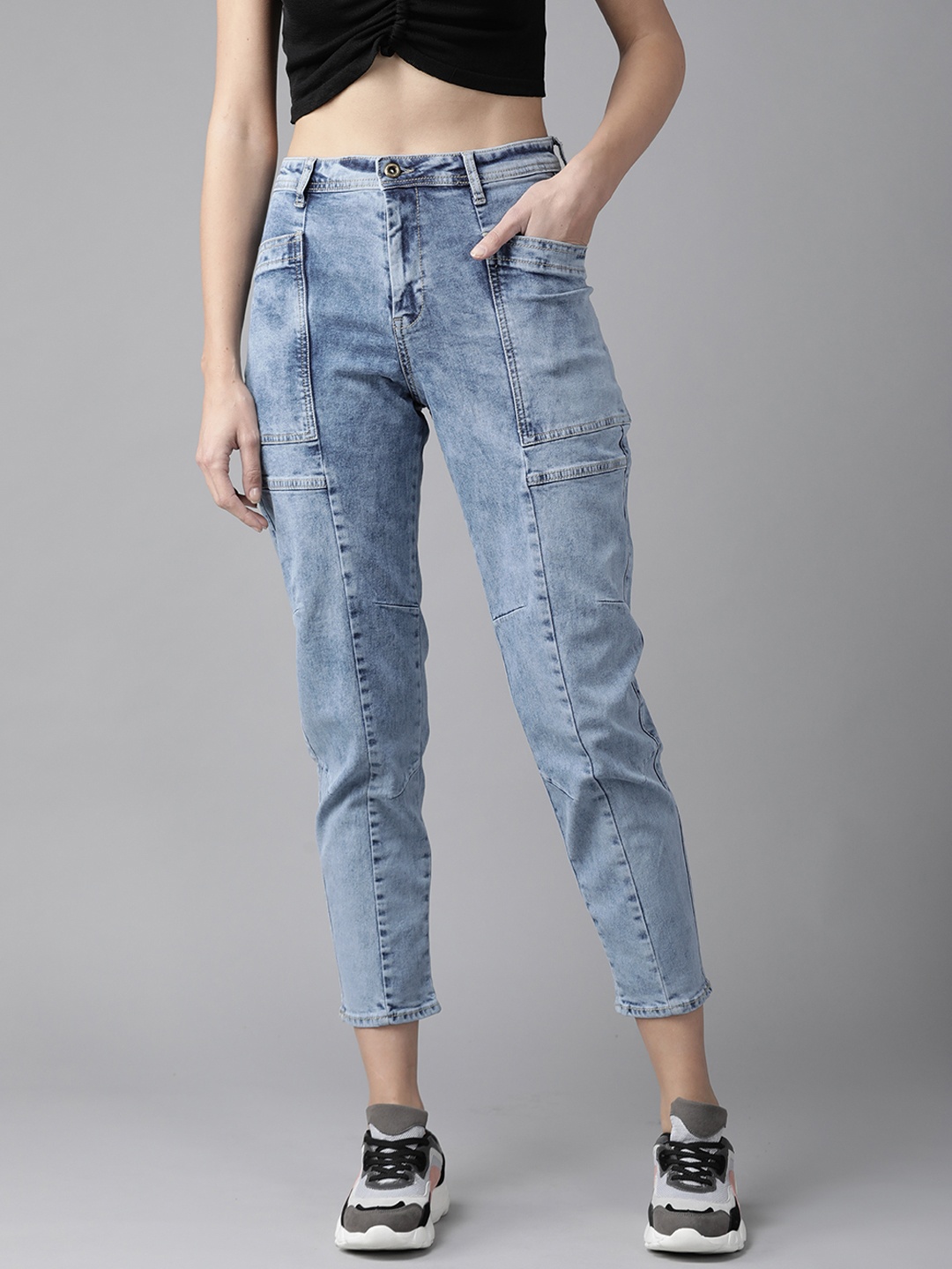 

Roadster Women Blue Boyfriend Fit Panelled High-Rise Heavy Fade Stretchable Jeans