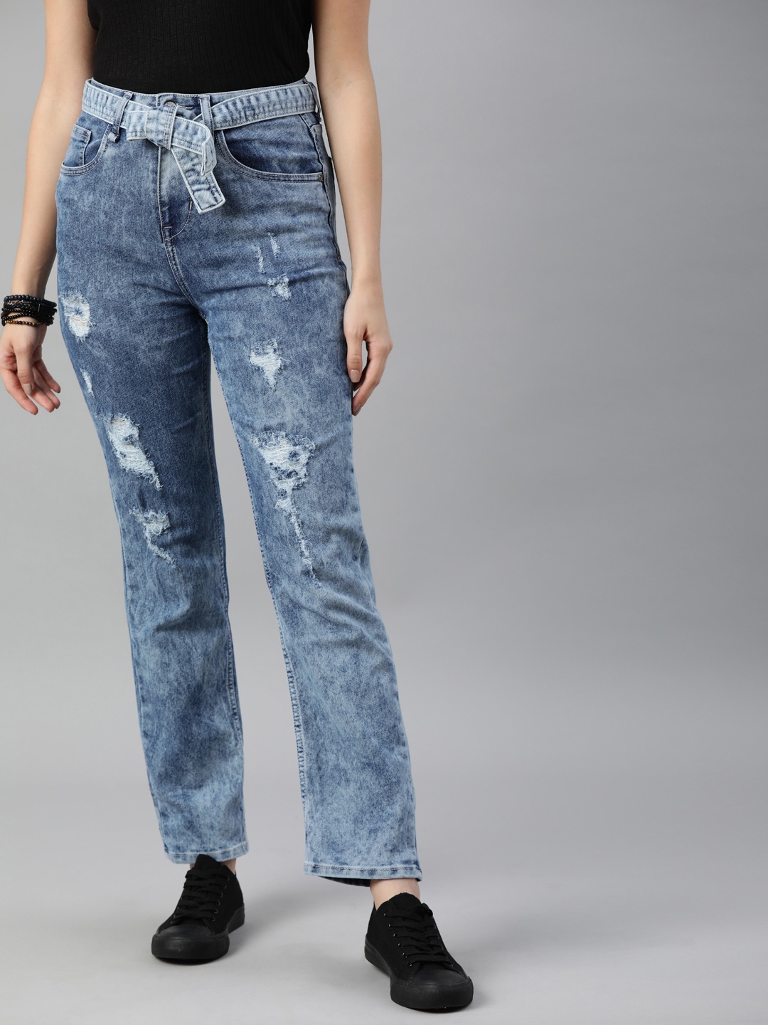 

Roadster Women Blue Straight Fit High-Rise Highly Distressed Heavy Fade Stretchable Jeans