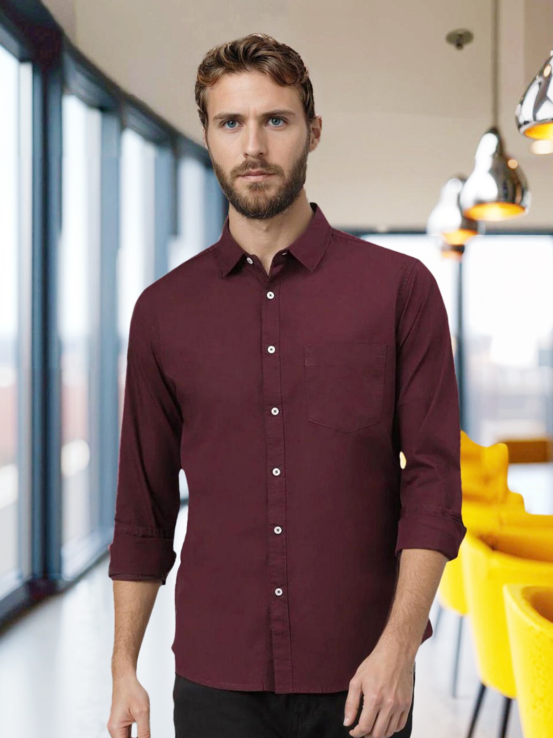 

Dennis Lingo Men Burgundy Slim Fit Solid Pure Cotton Casual Shirt