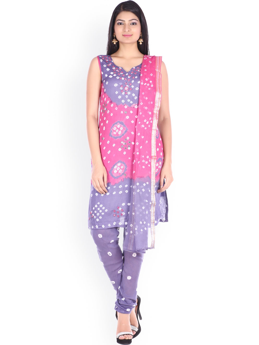 

SOUNDARYA Pink & Purple Bandhani Print Unstitched Dress Material