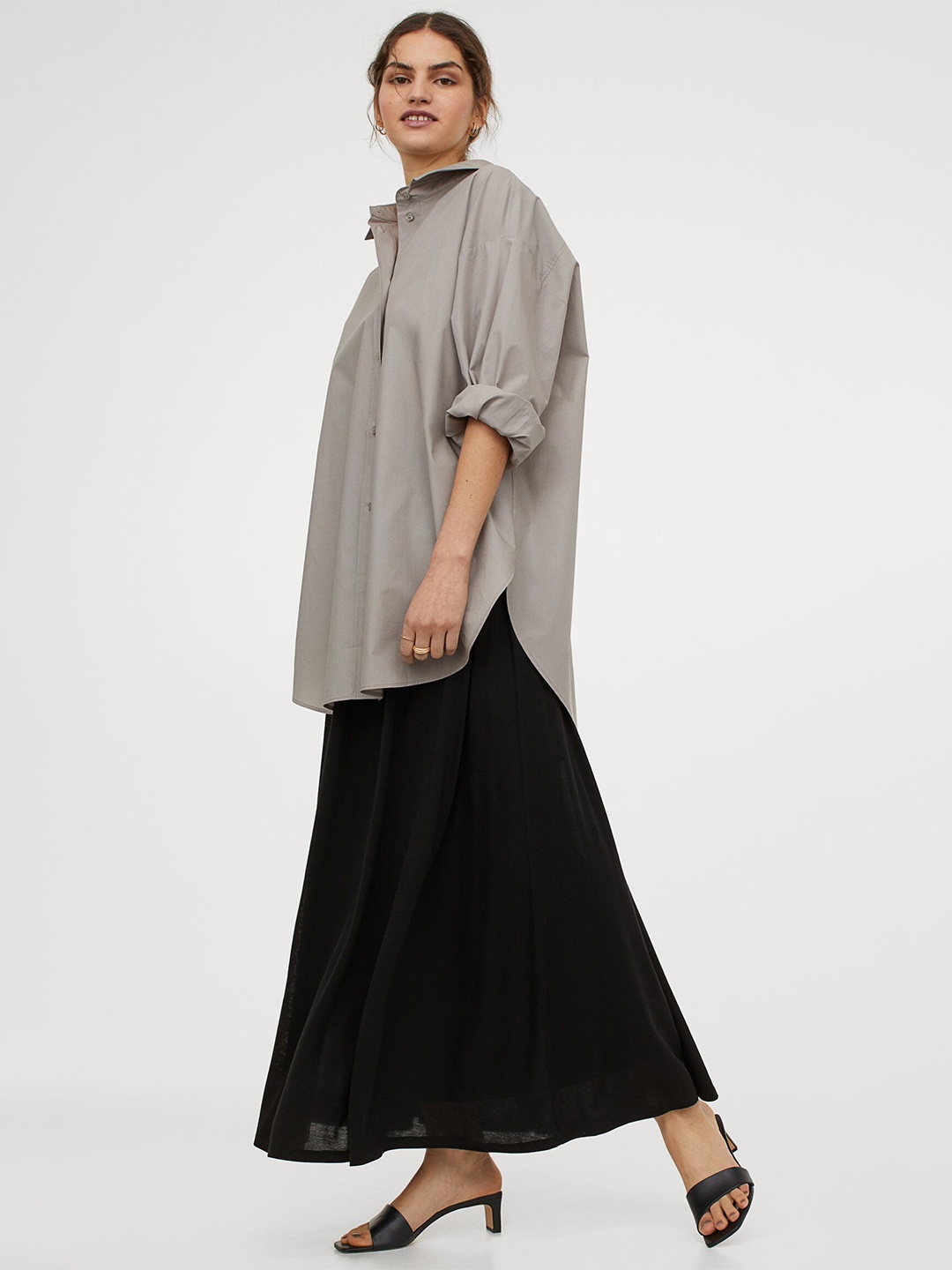 

H&M Women Beige & Grey Cotton Poplin Shirt