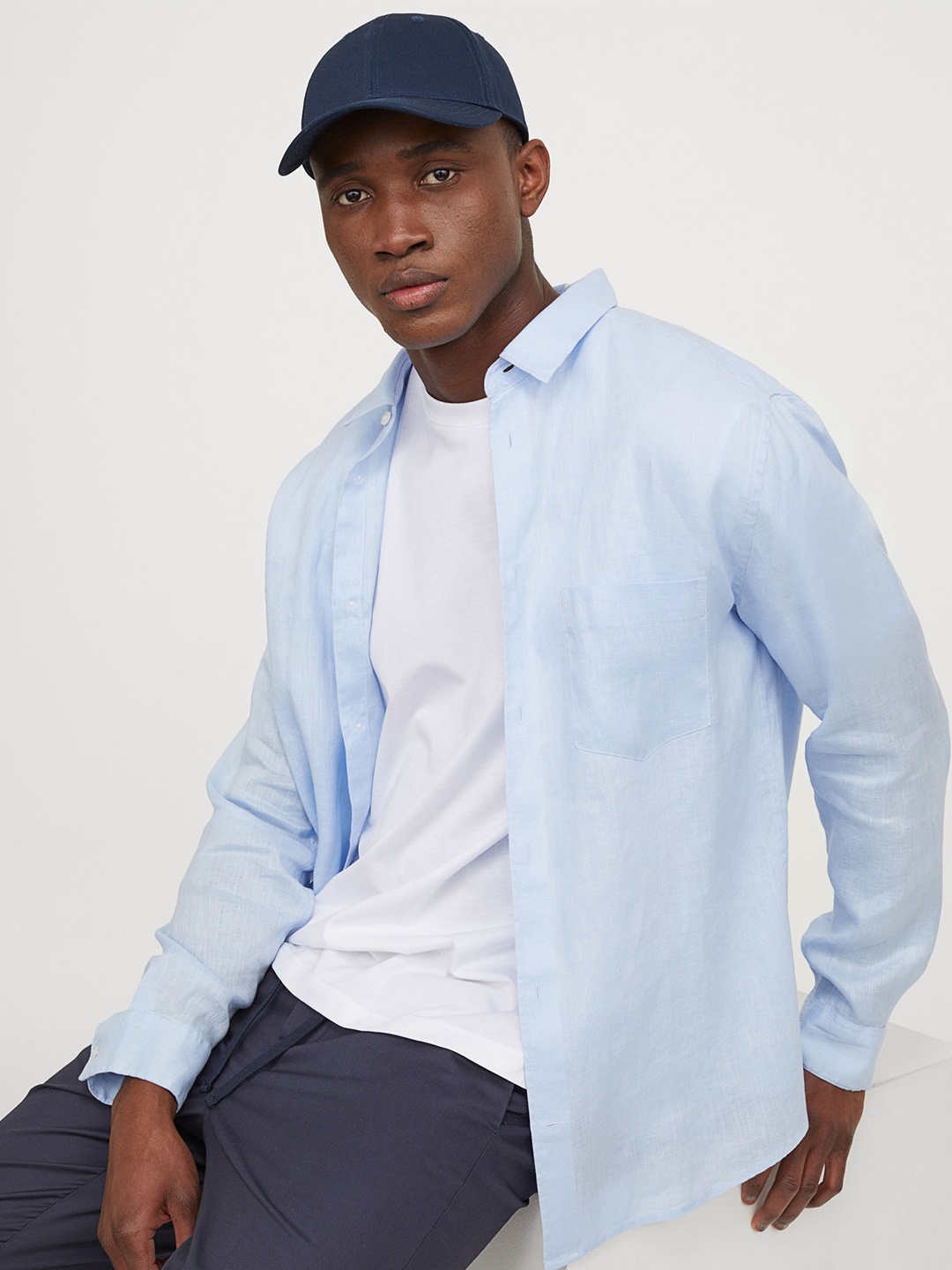 

H&M Men Light Blue Regular Fit Linen Shirt
