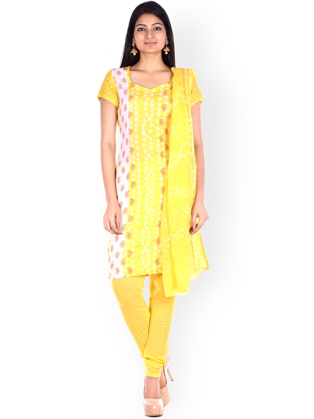 

SOUNDARYA Yellow Bandhni Print Unstitched Dress Material