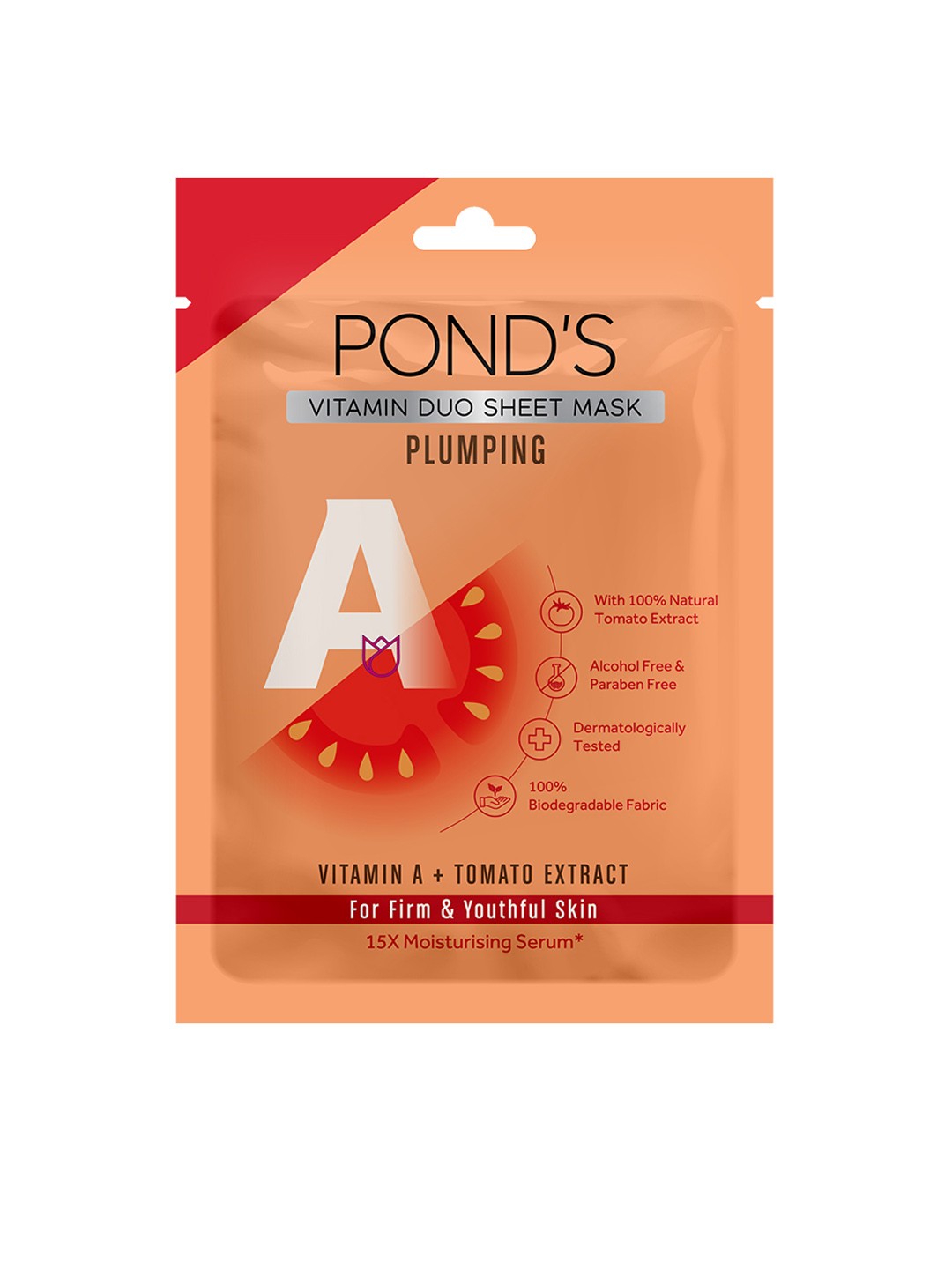 

Ponds Plumping Firm Youthful Vitamin Duo Skin Natural Tomato & Vitamin A Sheet Mask 25 ml, Orange
