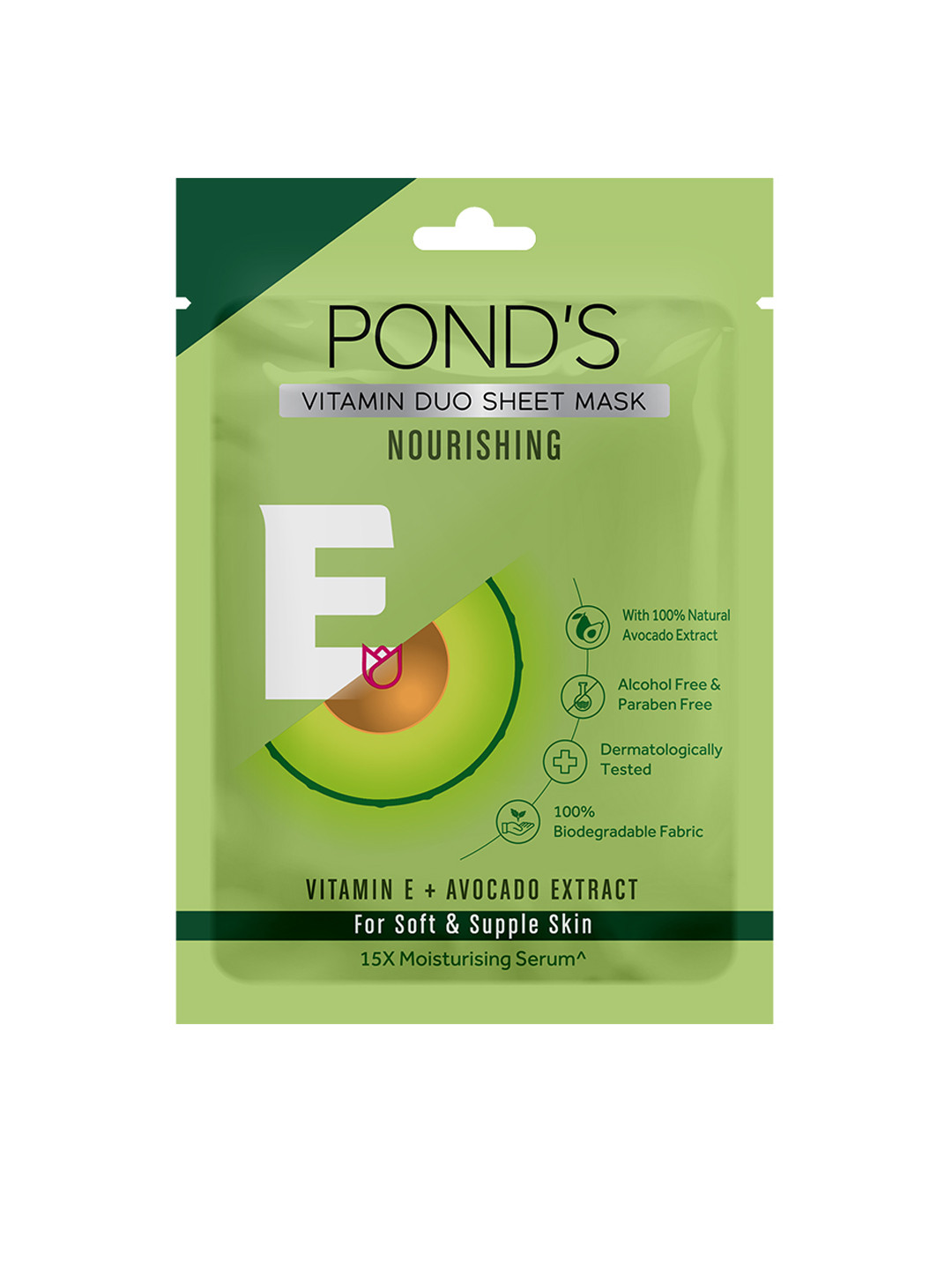 

Ponds Vitamin E + Avocado Extract Nourishing Sheet Mask For Soft & Supple Skin 25 ml, Green