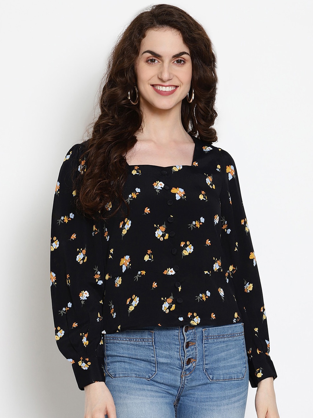 

VANCA ECO Black Floral Printed Sustainable Regular Top