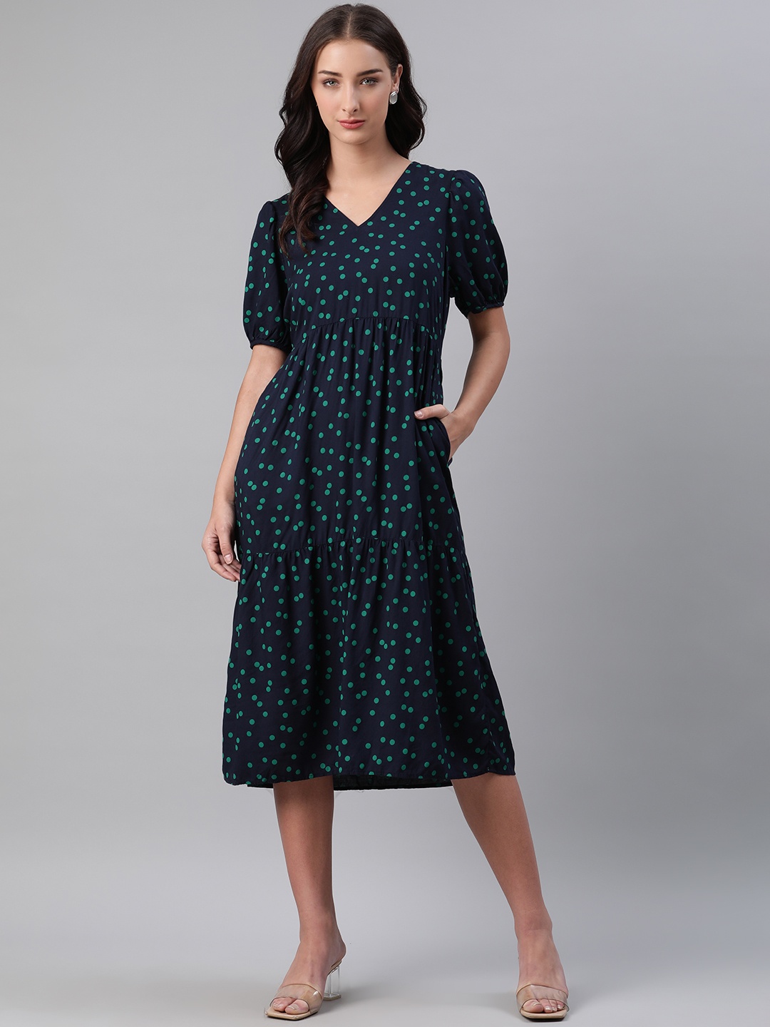 

Marks & Spencer Women Navy Blue & Green Printed A-Line Dress