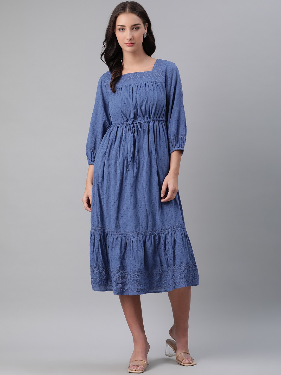 

Marks & Spencer Women Blue Self Design Dobby Pure Cotton A-Line Dress