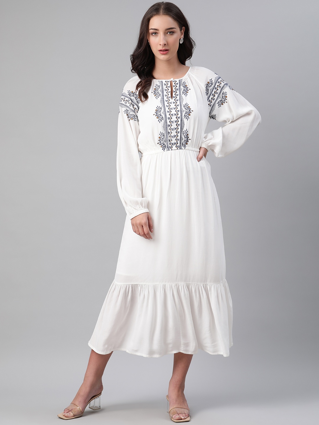 

Marks & Spencer Women White & Black Embroidered A-Line Dress