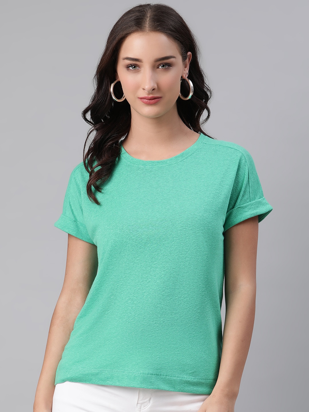 

Marks & Spencer Women Green Solid Pure Linen Round Neck T-shirt