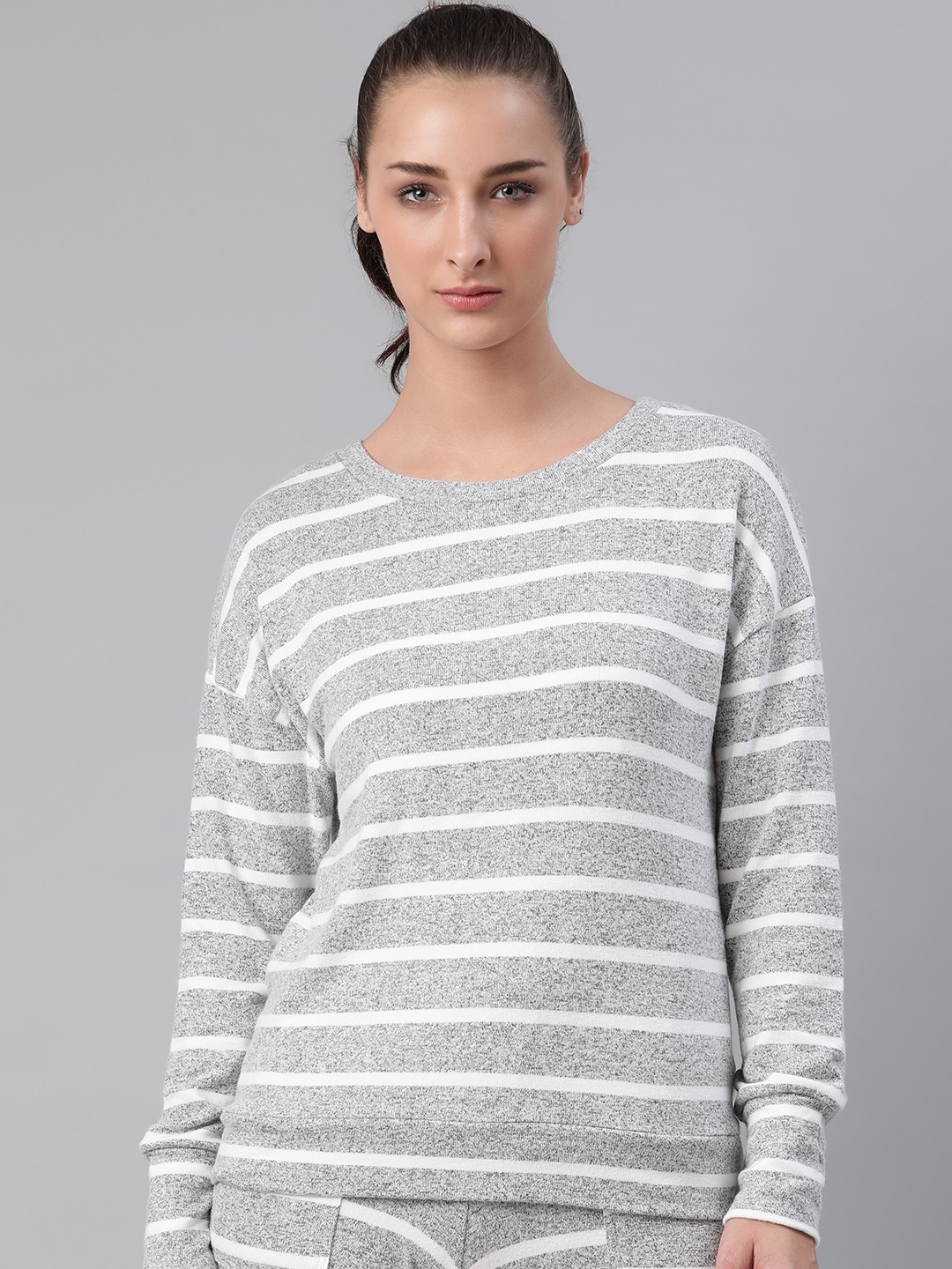 

Marks & Spencer Women Grey Melange & White Striped Sweatshirt