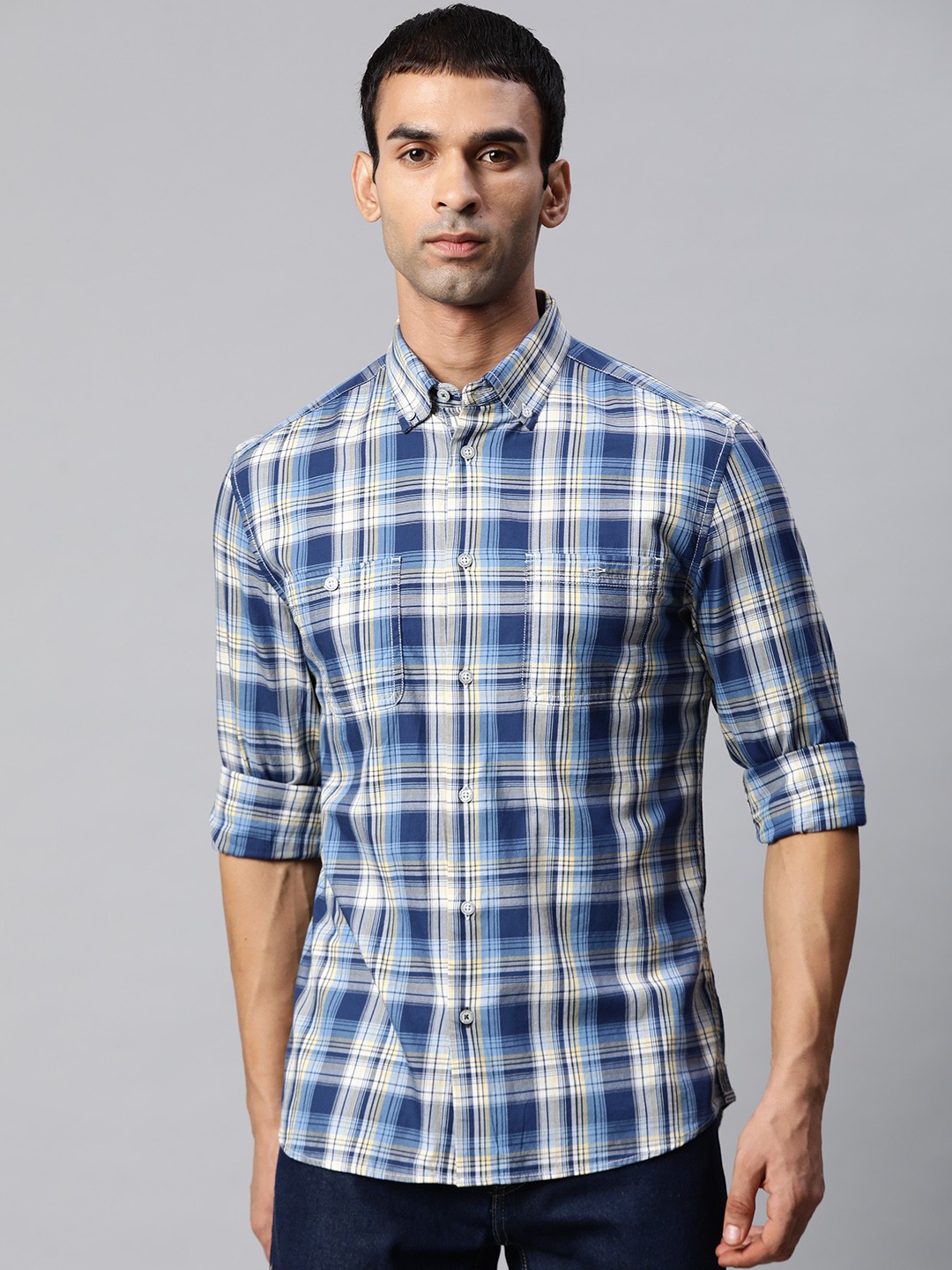 

Marks & Spencer Men Blue Tartan Checks Opaque Checked Casual Shirt