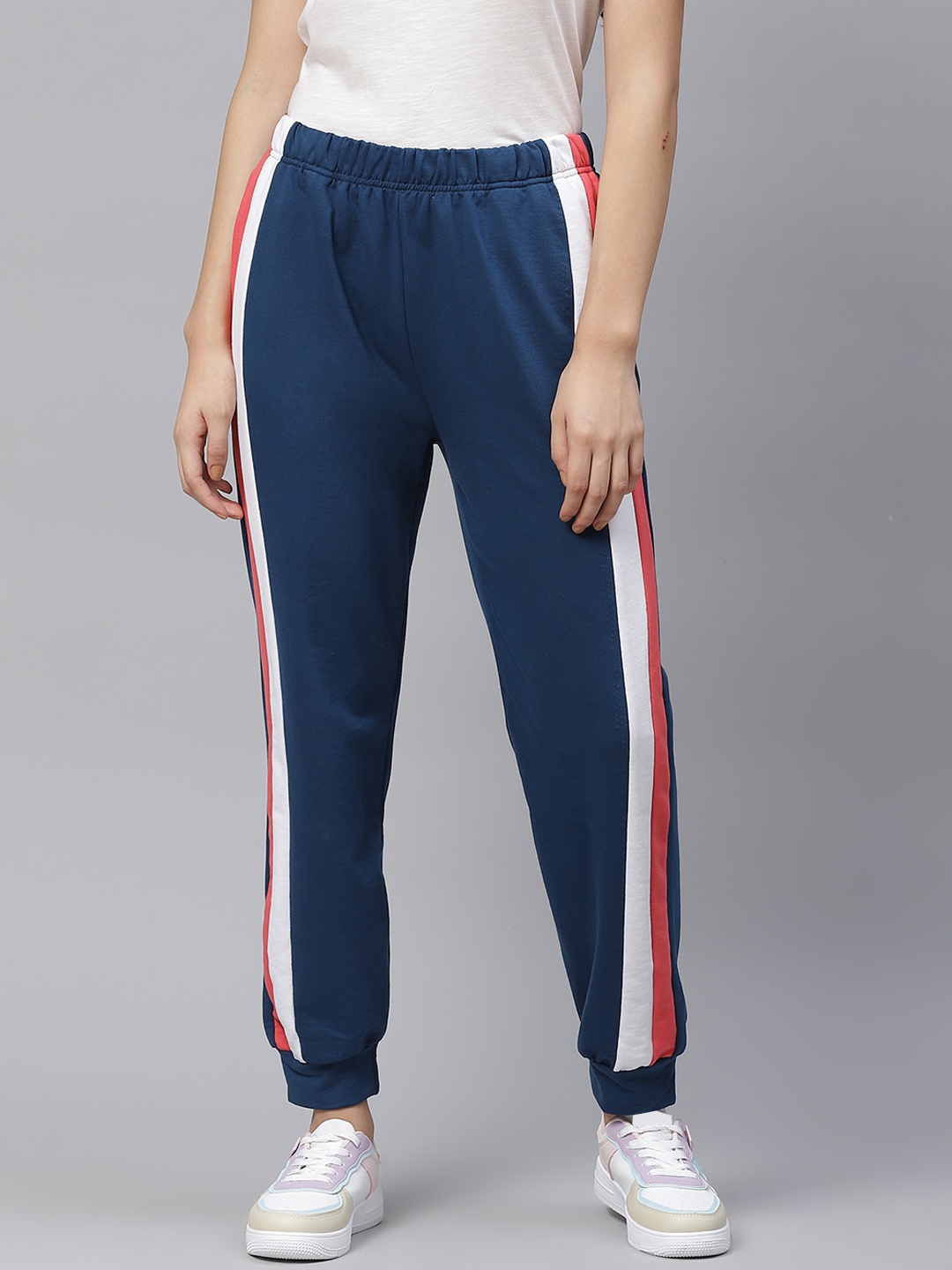 

Laabha Women Navy Blue Solid Joggers With Side Stripes