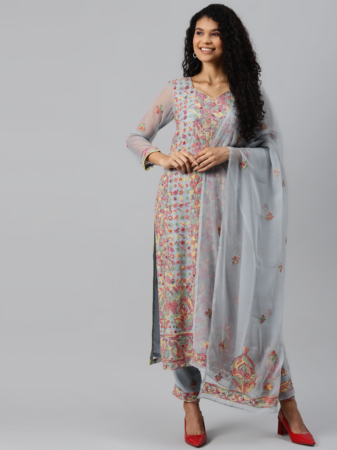 

ADA Grey & Red Chikankari Embroidered Sustainable Unstitched Dress Material