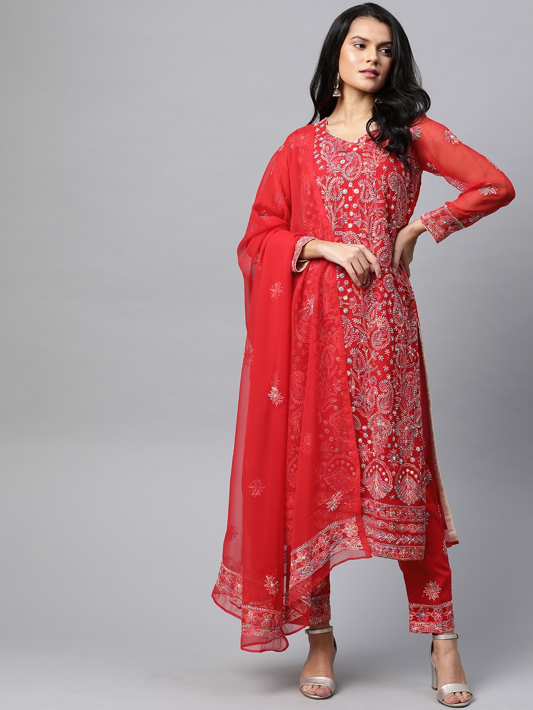 

ADA Red & White Chikankari Hand Embroidered Unstitched Dress Material