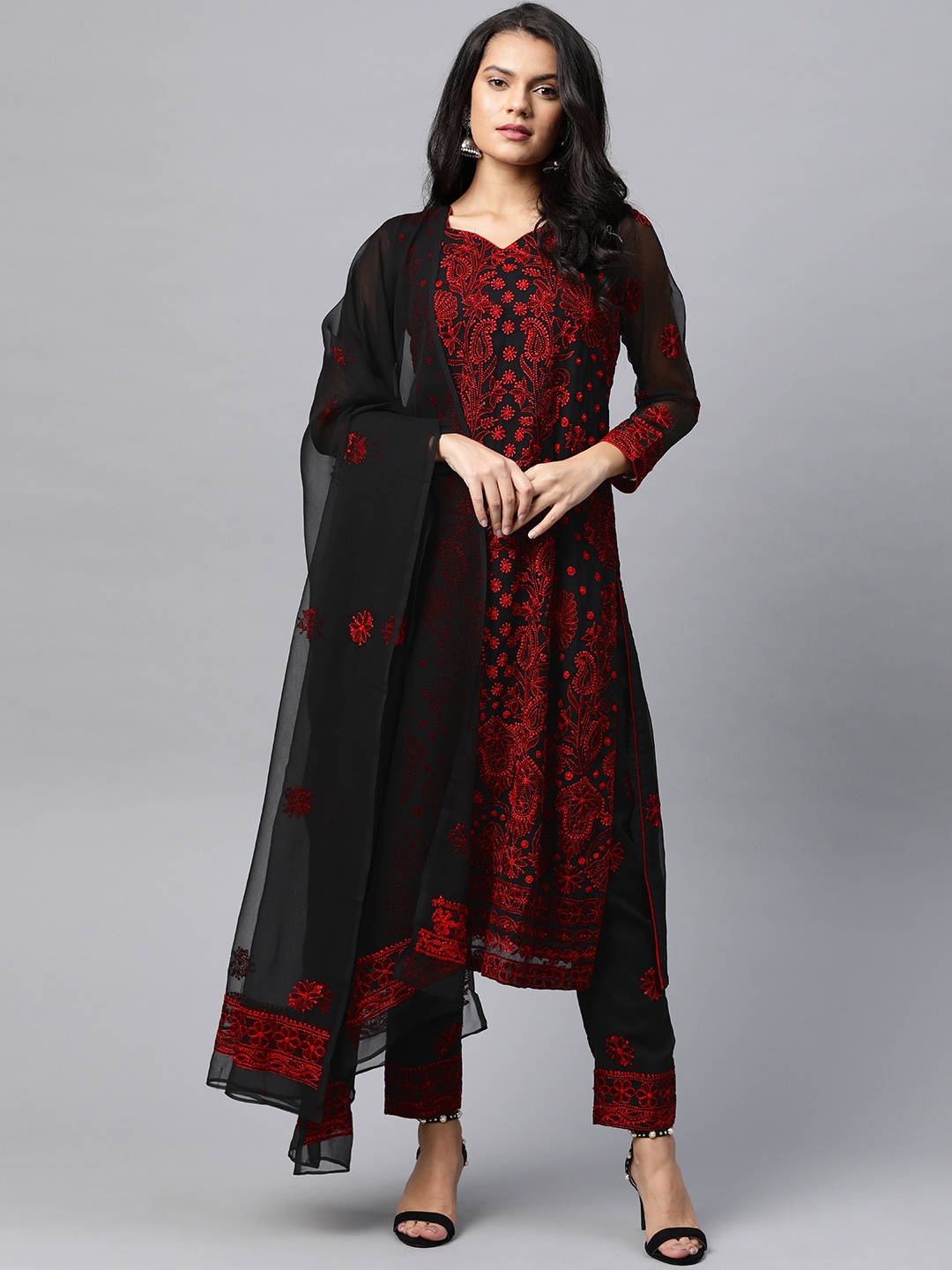 

ADA Black & Red Chikankari Hand Embroidered Unstitched Dress Material