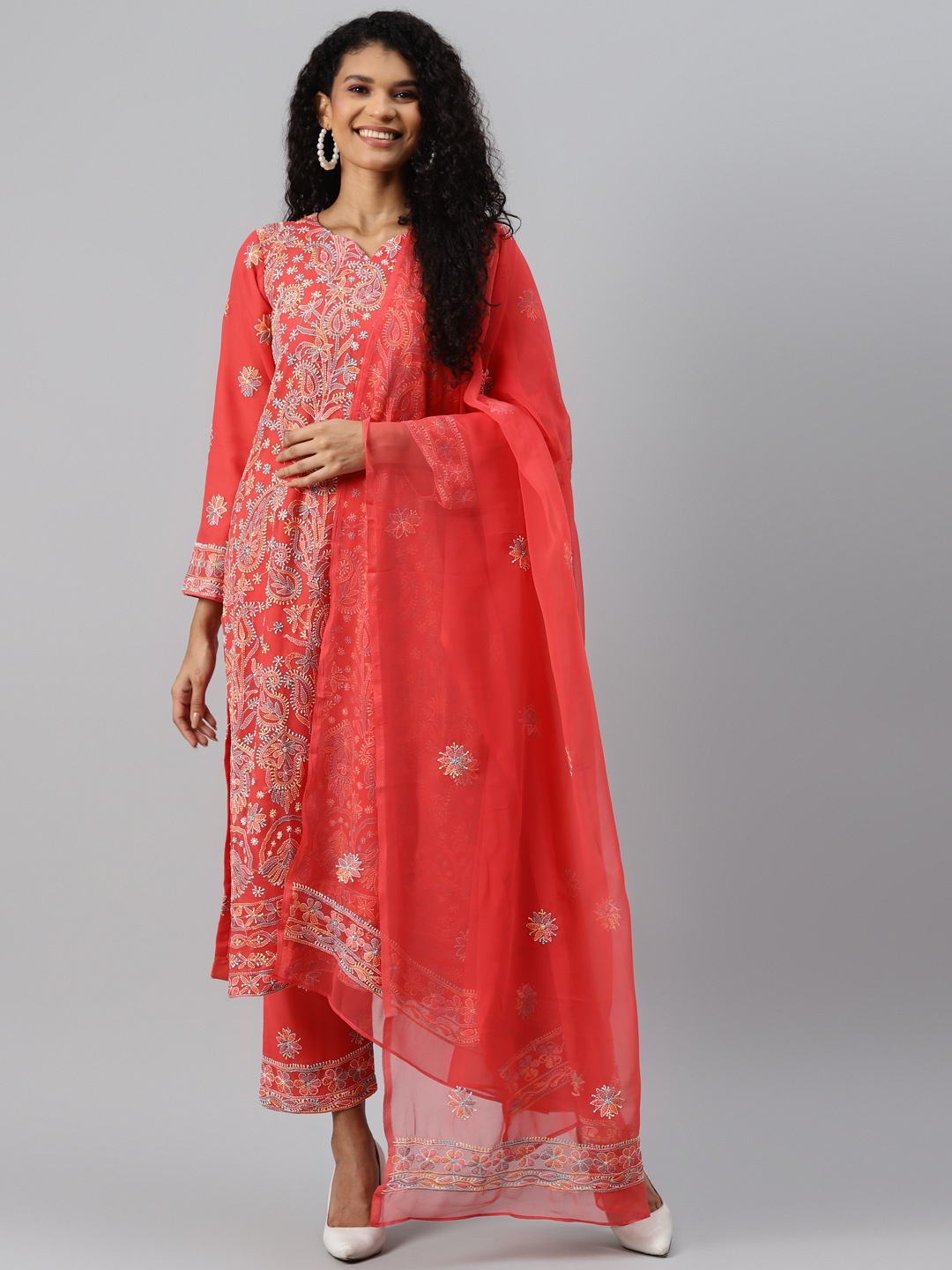 

ADA Peach-Coloured & White Chikankari Hand Embroidered Unstitched Dress Material