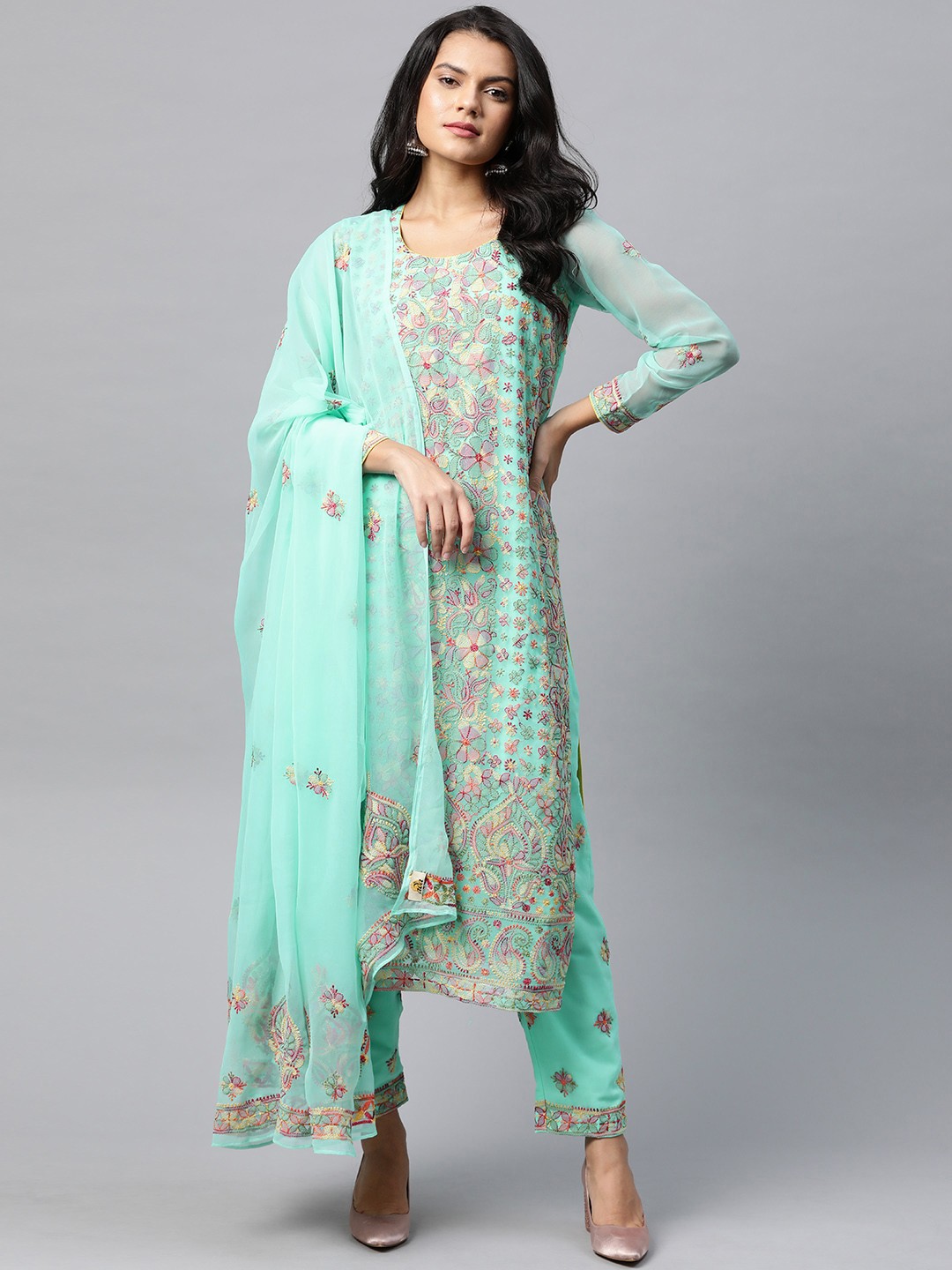 

ADA Sea Green & Yellow Chikankari Hand Embroidered Unstitched Dress Material