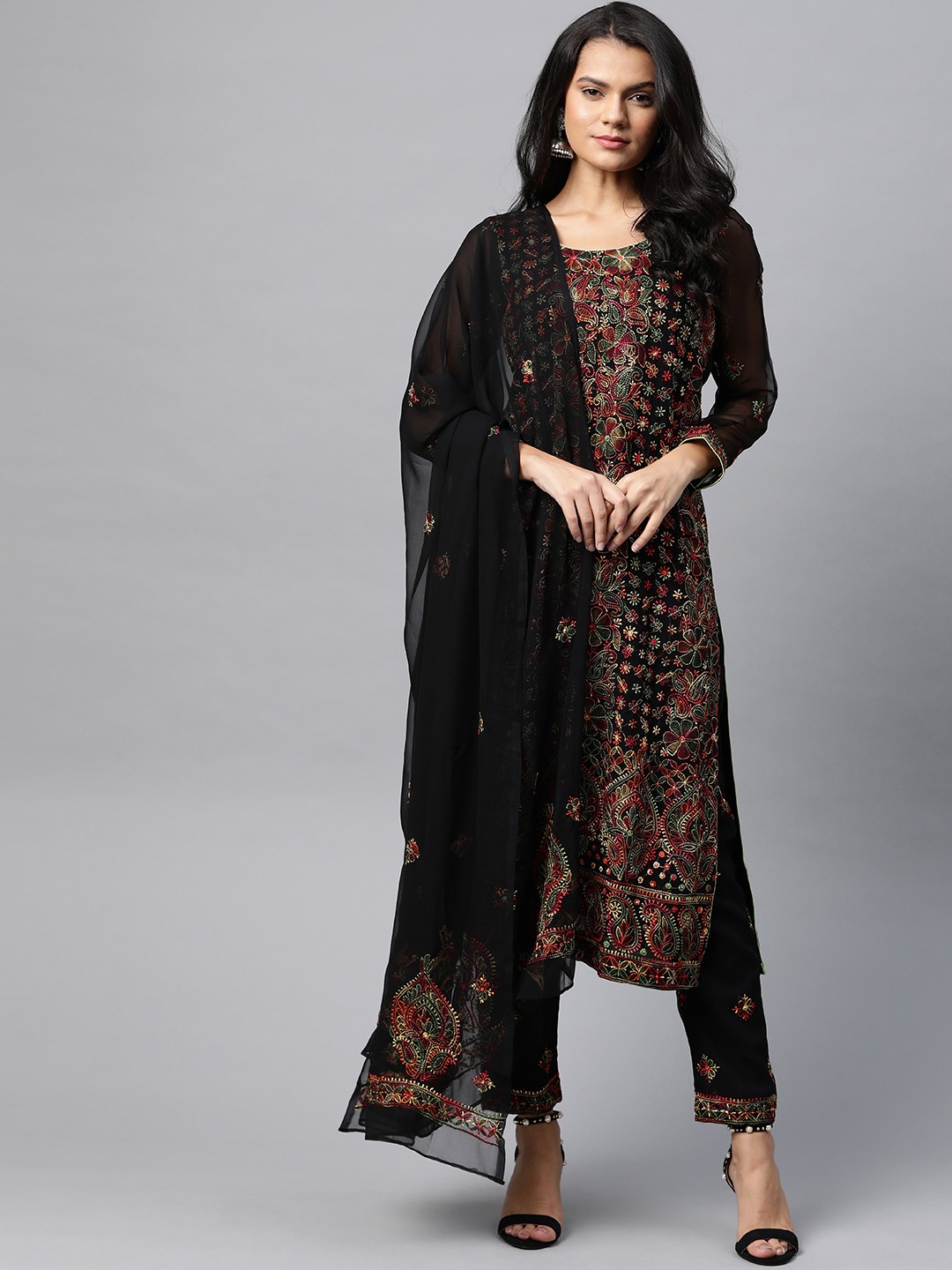 

ADA Black & Red Chikankari Hand Embroidered Unstitched Dress Material