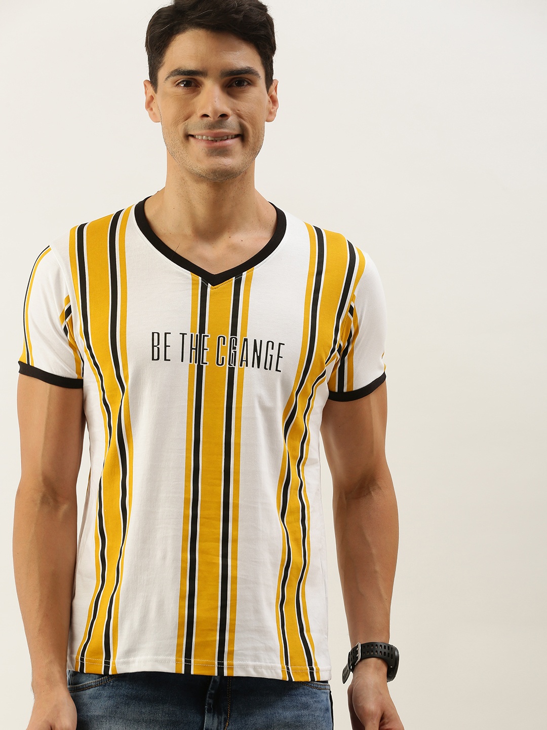 

Moda Rapido Men White & Mustard Yellow Striped V-Neck T-shirt