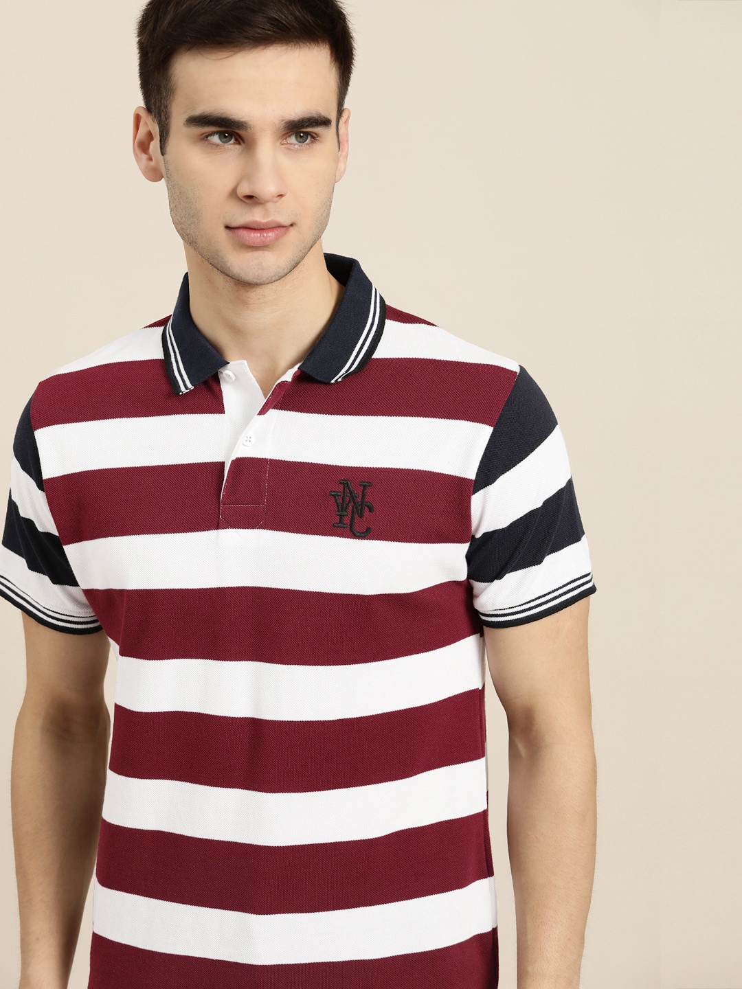 

Moda Rapido Men Maroon & White Striped Polo Collar T-shirt