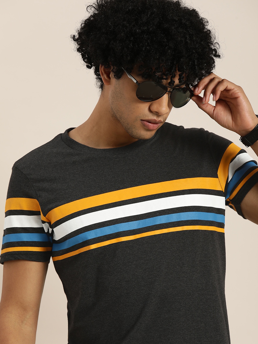 

Moda Rapido Men Charcoal Striped Pure Cotton T-shirt