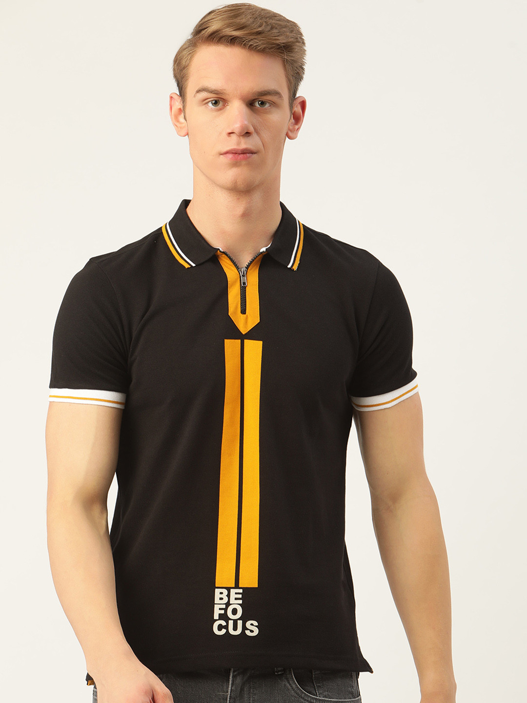 

Moda Rapido Men Black Yellow Striped Pure Cotton Polo Collar Pure Cotton T-shirt