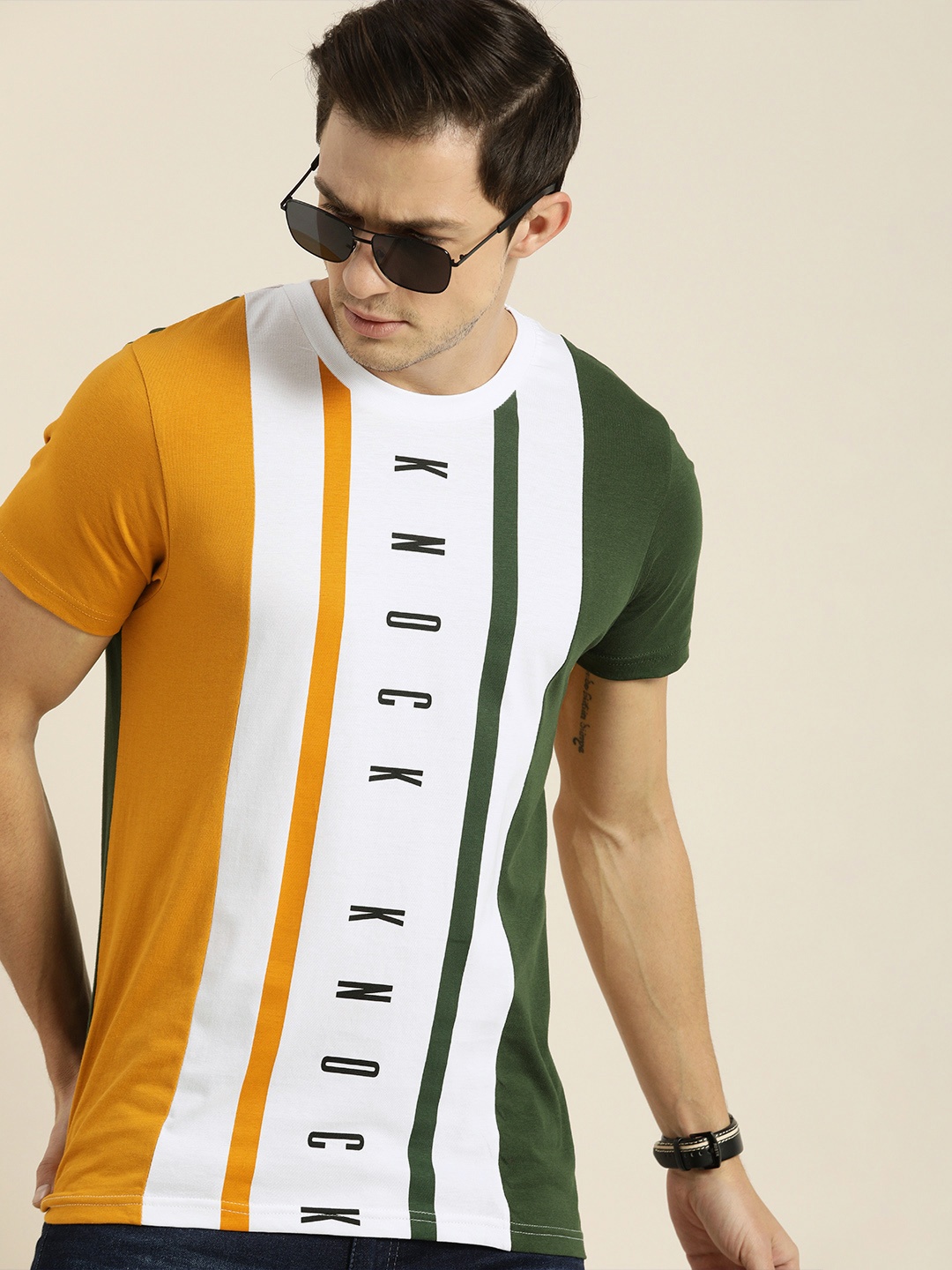 

Moda Rapido Men Yellow White Printed Pure Cotton T-shirt