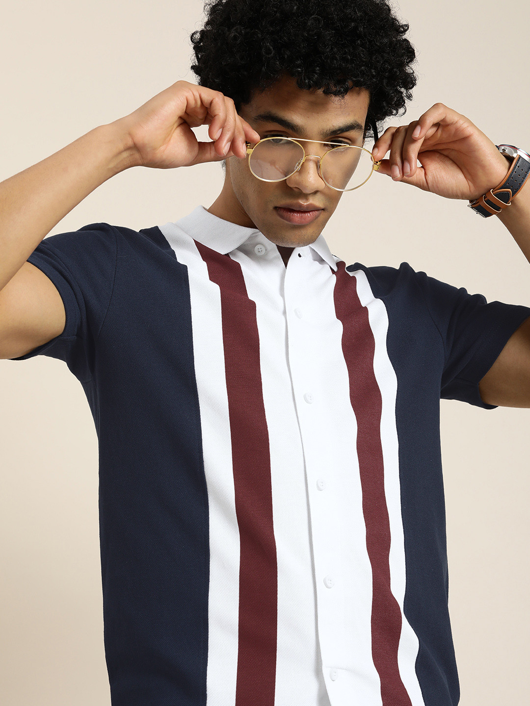 

Moda Rapido Men White & Navy Blue Striped Polo Collar T-shirt