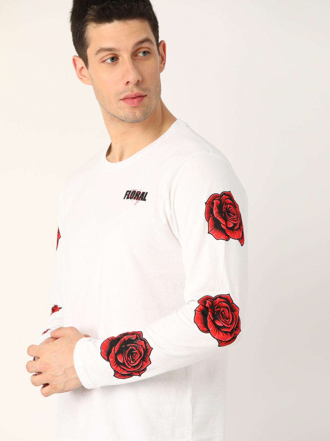 

Moda Rapido Men White Pure Cotton T-shirt With Printed Sleeves