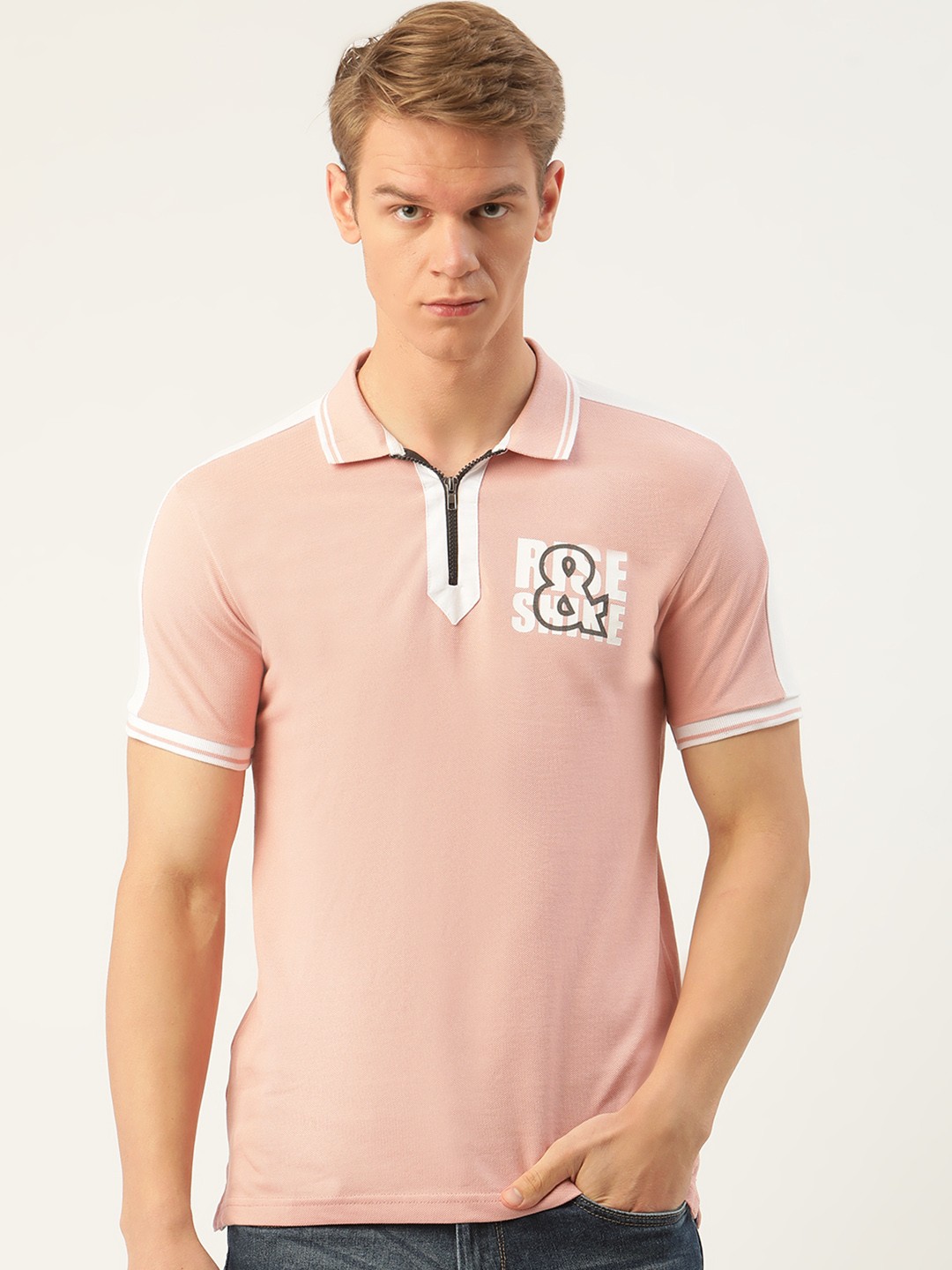

Moda Rapido Men Pink Solid Polo Collar Pure Cotton T-shirt